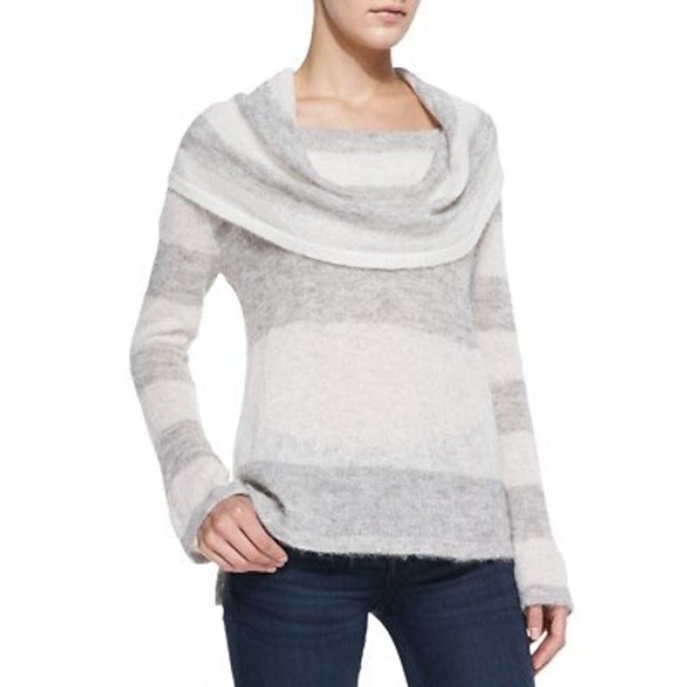Free People Sweater Womens Medium Lulu Rugby Stripe Cowl Neck Alpaca Grey Cream